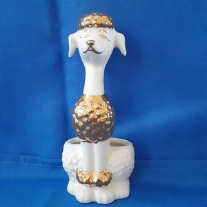 Adorable Vintage Mid-Century Porcelain Poodle Lipstick Holder White with Gold